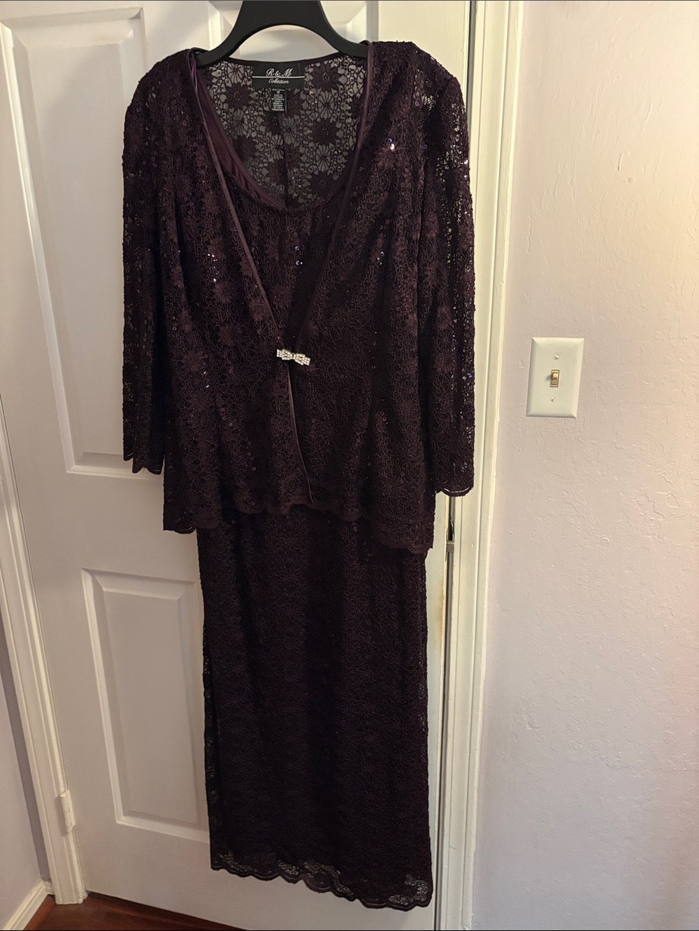 R&M Richards Plum Lace Sequin Jacket and Dress Set